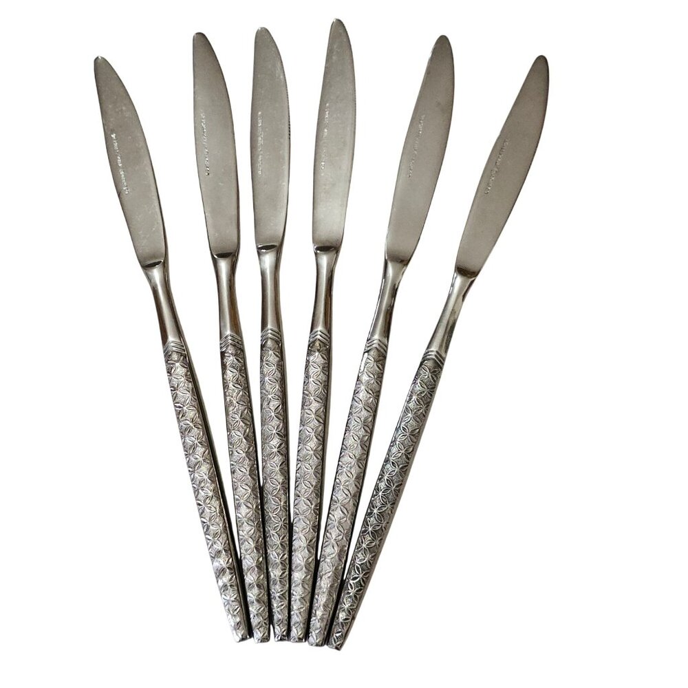 6 Cosmos Texture Dinner Knives 9" stainless Korea all over geometric slimline CS